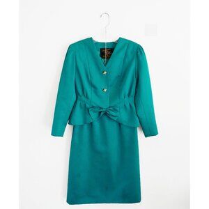 Vintage 70s 80s Utah Tailoring Custom Tailored Teal Skirt Suit est. 6 8 Medium